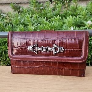 Brighton Brown Crocodile-Embossed Leather Clutch/Wallet